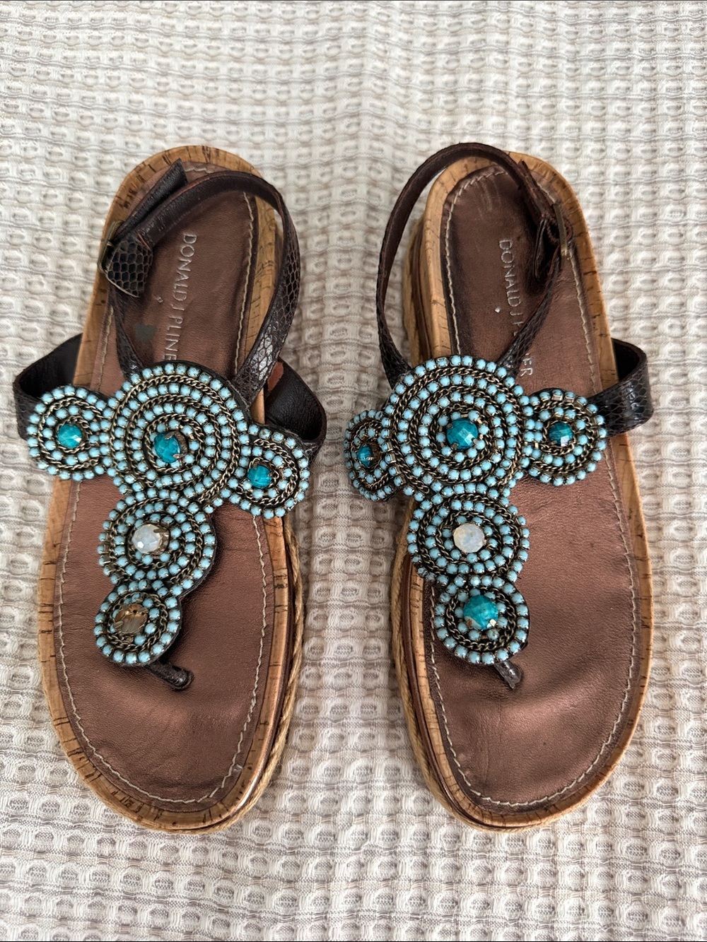Donald J. Pliner Brown Leather Sandals with Turquoise Bead Medallions in size 7